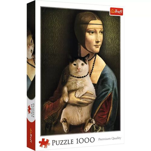 Trefl 1000 darabos puzzle doboz, amely a 'Hölgy hermelinnel' festmény paródiáját ábrázolja, macskával a hermelin helyett.
