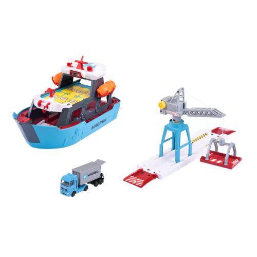 Majorette Creatix Maersk kikötői játékszett hajóval, daruval és teherautóval
