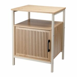 Nowoczesna komoda z metalową ramą i półkami z płyty MDF, wykończenie drzwi drewnianych, 43x33x55 cm, kolor biały i naturalny 142939239 - Szafka nocna