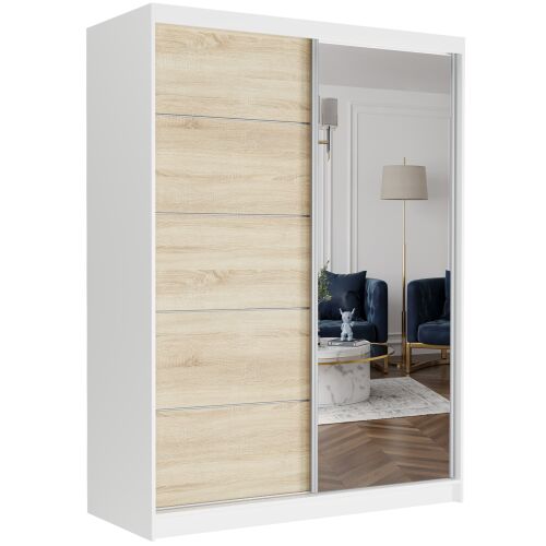 Rivano I fehér és sonoma tolóajtós gardróbszekrény tükörrel