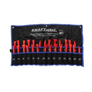 Комплект инструменти за демонтаж на тапицерия Kraft&Dele KD1130, 27 броя, червени инструменти, черен найлонов калъф - Набор от инструменти