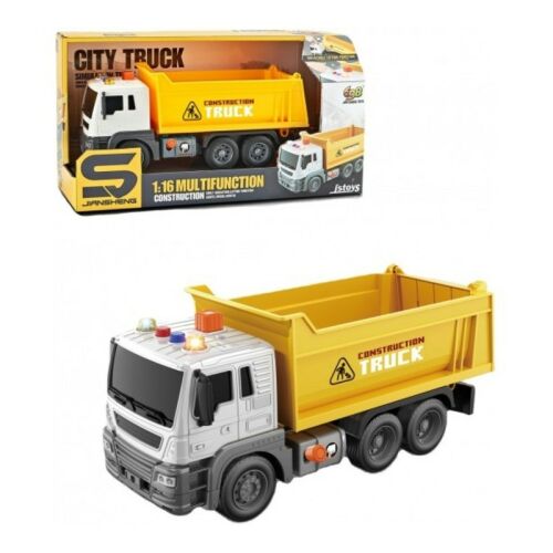 Jiansheng City Truck játékkamion, sárga építőipari teherautó fényekkel és hangokkal, 1:16 méretarány