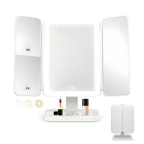 Teno® kozmetikai tükör, sminkeléshez, LED megvilágítás, összecsukható, összecsukható, oldalsó tükrök, X2 és X3 nagyítás, USB/akkumulátoros tápegység, fehér színű