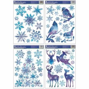 Karácsonliches Fensterbild Collage mit Schneeflocken, Vögeln und Rentieren - Fensteraufkleber