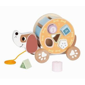 Tooky Toy Jucărie de tras cățel din lemn cu sortator de forme și blocuri - Moni