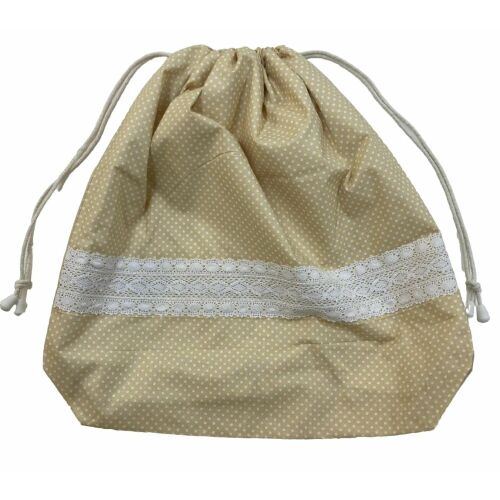 MK Bea Nagy cipós zsák – bézs alapon fehér pöttyös, csipkebetéttel