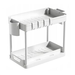 Biely 2-poschodový kuchynský organizér s háčikmi a bočným úložným priestorom. - Skladovanie a organizovanie