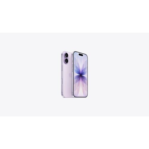 Szögből készült felvétel az iPhone 17 256 GB levendula okostelefonról, amely a hátlapot és az előlapot is mutatja dinamikus sziget kijelzőjével fehér háttéren - Mobiltelefon