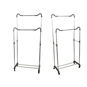 Gardróbszekrény mobil kabátállvány dupla polcos állvány kerekeken
