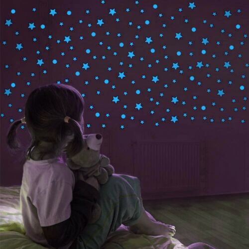 Set 75 stickere fosforescente glow albastre, forme stelute si buline, autoadezive, 1- 4 cm 143114046