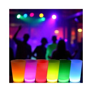 Többszínű partipoharak, sötétben világítanak, magasság 6,5 cm, 6 darabos készlet