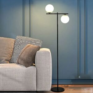 Lampadar elegant cu două globuri albe și suport negru lângă o canapea - Lămpi de podea