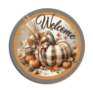 Nyomtatott fa tábla koszorú közép - Welcome kockás tökkel 11,8cm, fa koszorú tábla, őszi tök dekoráció - Fa felirat & dekorációs elem
