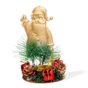 Mikulás karácsonyi mécsestartó ajándékokkal és tobozokkal fehér háttérrel - Koszorú