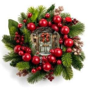 Nyomtatott fa tábla koszorú közép - Karácsonyi piros-zöld koszorú középdísz - Fa felirat & dekorációs elem