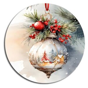 Részletes nézet egy nyomtatott fa karácsonyfadíszről, piros karácsonyi témával és téli jelenettel. - Fa felirat & dekorációs elem