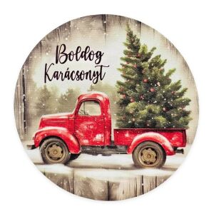 Autós karácsonyi nyomtatott fa tábla koszorú közép, piros vintage teherautó karácsonyfával, ünnepi dekoráció - Fa felirat & dekorációs elem