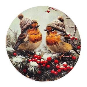 Nyomtatott fa tábla koszorú közép - Sapkás madarak, téli dekoráció - Fa felirat & dekorációs elem