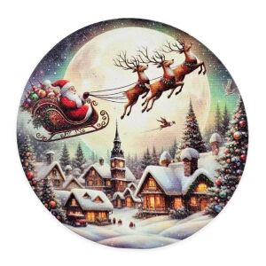 Nyomtatott fa karácsonyi koszorú közép, Télapó repül a havas város felett. - Fa felirat & dekorációs elem