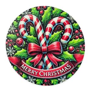 Nyomtatott fa tábla koszorú közép cukorpálca mintával, Boldog Karácsonyt dekoráció - Fa felirat & dekorációs elem