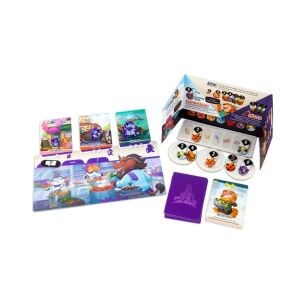 Állati fogások társasjáték elemei: kártyák, táblák, zsetonok és játékossegédletek. - Gémklub