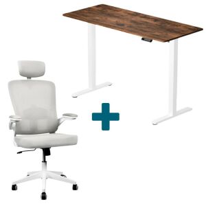 CSOMAGAJÁNLAT | LVN System Lite elektromos asztal + forgószék szett | Rusztikus barna-fehér 140x60cm elektromosan állítható magasságú íróasztal + fehér forgószék