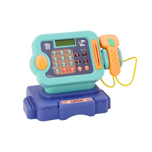 Interaktív kék pénztárgép játékszett, gyerekeknek szerepjáték