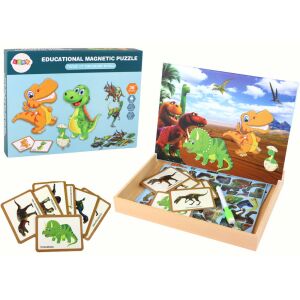 Oktató Dinózaurusz Pädagogische Magnetisches Puzzle Box und geöffnetes Set mit Dinosaurier-Hintergrund, Magnetteilen, Karten und Marker - Schaukelpferde, Schaukeltiere und Entwicklungsspiele für Kinder im Kindergartenalter