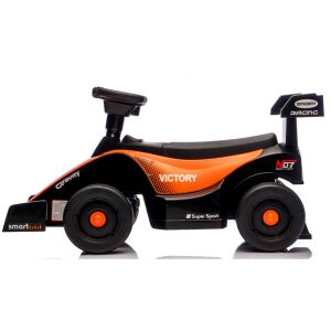 J6 narancssárga-fekete lábbal hajtós versenyautó bébitaxi, oldalnézet - R-Sport