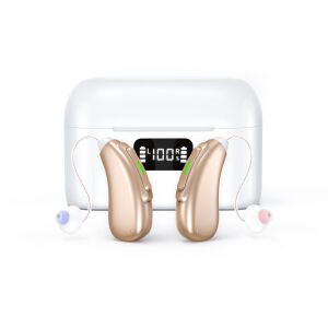 NeoHGS Premium Cyfrowy Aparat Słuchowy z Akumulatorem x2, Czysty Dźwięk, Tryb Wolny od Rąk, Bluetooth, Szybkie Ładowanie, Prosta Obsługa, Nowoczesny Design, Pojemnik Na Baterie, Ekran, Tryb W