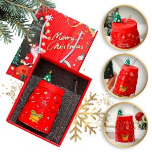 ECARLA Kubek świąteczny z silikonową pokrywką i rurką - czerwony KB06CZE 400 ml 143160805 - Szkło