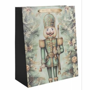 Sac de cadou Crăciun cu spărgător de nuci verde și auriu 18x23 cm - Ambalaje cadouri