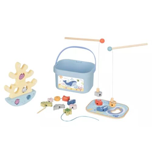 Tooky Toy cub de activități din lemn cu jocuri de pescuit, înșirare mărgele și echilibru