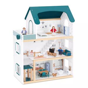 Tooky Toy zweistöckiges Holzpuppenhaus mit Möbeln und Figuren - Puppenhaus