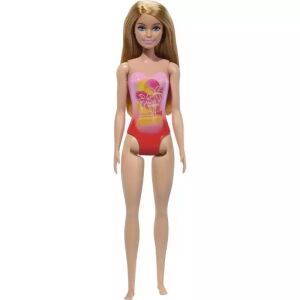 Imagine completă a păpușii Barbie cu păr blond în costum de baie roz cu palmieri - Barbie Baba