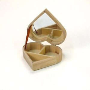 Nyitott Fa tükrös szív doboz tükörrel és rekeszekkel - Ajándék ötlet Valentin-napra