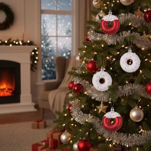 Fánkos fánk karácsonyfadíszek egy feldíszített karácsonyfán - Karácsonyfadísz