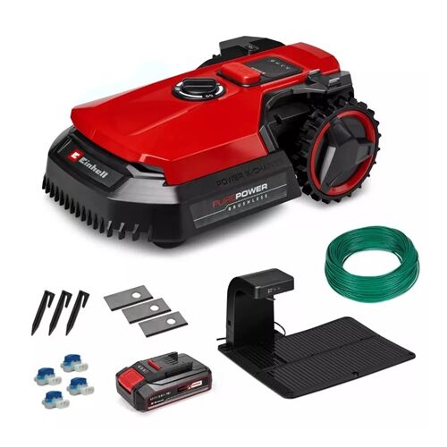 Einhell Freelexo 500 robotfűnyíró tartozékokkal: töltőállomás, határoló vezeték, pengék és csatlakozók.