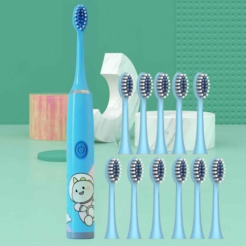 Kék szónikus fogkefe gyerekeknek, 12 cserélhető fejjel