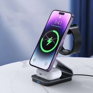 Qi Mag Safe 15W încărcător de inducție pentru iPhone Apple Watch AirPods 3in1 Suport pliabil fără fir din aluminiu negru 143223824 - Încărcătoare wireless