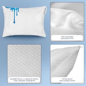 Колаж на водоустойчива калъфка за възглавница FizioTab, показваща водоустойчив TPU слой, първокласна повърхност от бамбуков вискоза и скрит цип - Бельо