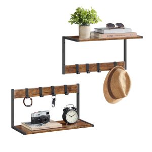 Set od 2 zidne police s ukonjivim kukicama, rustikalno smeđe boje | VASAGLE 143242198 - Namještaj za predsoblje