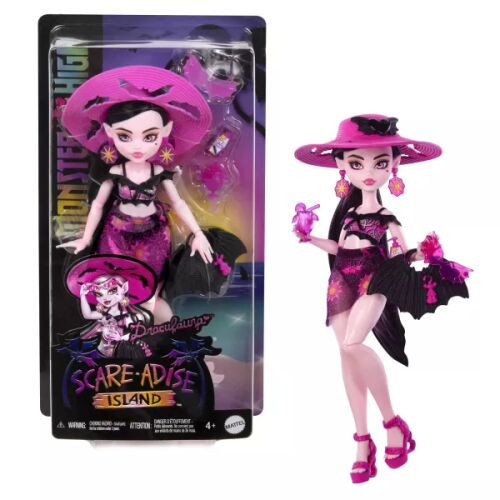Monster High Draculaura Scare-adise Island baba kiegészítőkkel, csomagolva és kicsomagolva
