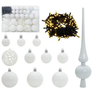 Set ornamente de Crăciun albe vidaXL cu 150 LED-uri, include globuri, lumini și vârf de brad - Decorațiuni pentru pomul de Crăciun