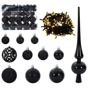 vidaXL Set Ornamente Negre de Crăciun cu 150 LED-uri, include globuri, lumini și vârf de brad - Decorațiuni pentru pomul de Crăciun