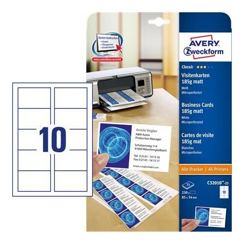 Névjegykártya, 85x54 mm, 185 g, mikroperforált, AVERY ZWECKFORM, 250 db/csomag 143347956