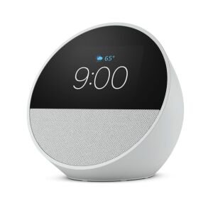 Amazon Echo Spot 2024 bijeli pametni zvučnik s 2,83-inčnim zaslonom koji prikazuje vrijeme - Bluetooth zvučnik