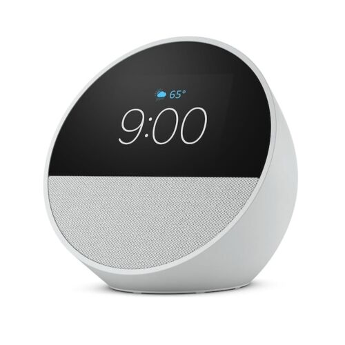 Amazon Echo Spot 2024 бял интелигентен говорител с 2,83-инчов дисплей, показващ времето