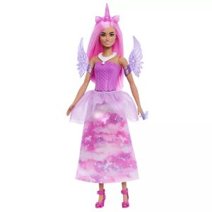 Păpușa Barbie Dreamtopia cu păr roz, corn de unicorn și aripi - Barbie Baba