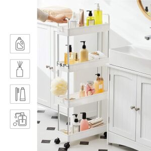 SONGMICS Keskeny Tárolókocsi 4 Szintes Görgős Fürdőszoba Konyhai Rendszerező Fehér